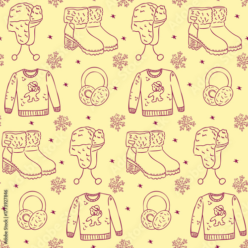 Cute winter seamless pattern with sweaters, hats, boots, earmuffs and snowflakes in cozy hand-drawn style. Concept of warmth, comfort and holiday season joy