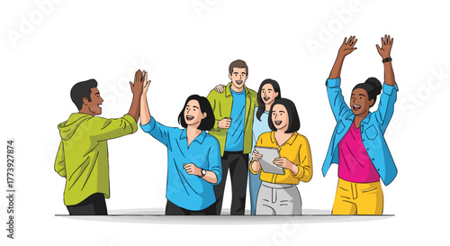 A diverse group of young adults celebrate a success, giving high fives and showing excitement, captured in a vibrant, illustrative style against a clean white background.