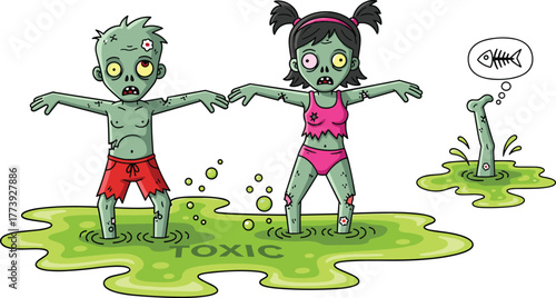 Zombie toxic pool, cartoon undead characters, funny horror scene, bubbling green waste, Halloween illustration, creepy comic art, radioactive zombie bath