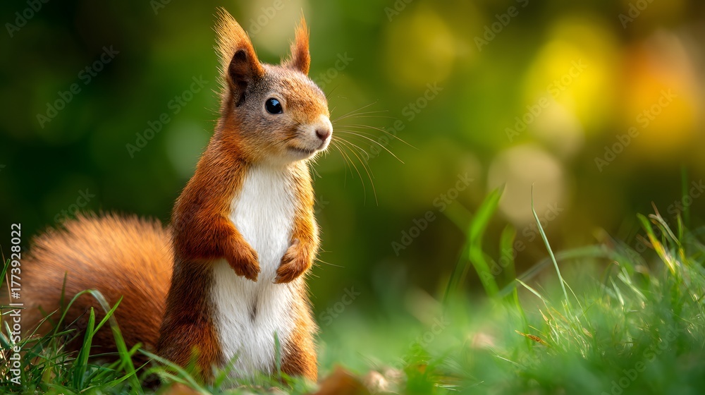 Naklejka premium Alert European red squirrel standing upright amidst vibrant green grass with bright natural background illumination