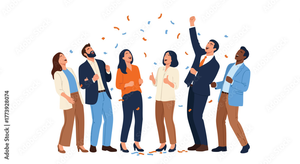 © Ndah - A diverse group of colleagues celebrate success with confetti, arms raised in a vibrant illustration, representing teamwork, achievement, and corporate joy against a white backdrop.