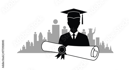 Graduate holding diploma in front of city silhouette.