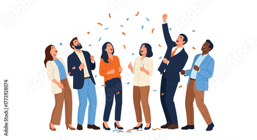 A diverse group of colleagues celebrate success with confetti, arms raised in a vibrant illustration, representing teamwork, achievement, and corporate joy against a white backdrop.