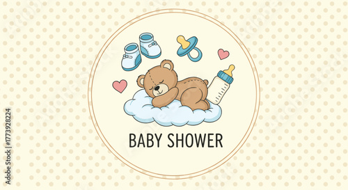 Baby shower invitation with cute teddy bear and baby accessories.
