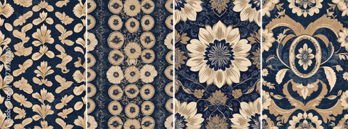 Seamless kawung batik pattern, symmetrical oval shapes forming flower-like design, beige and dark blue color palette, clean vector style