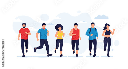 Group of people running outdoors for fitness and exercise.