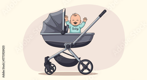Happy baby in a stroller enjoying a sunny day.