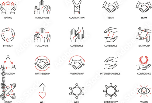 25 teamwork icons, labeled line style, collaboration, synergy, partnership, community, interaction, confidence, vector illustration, editable stroke, professional concept