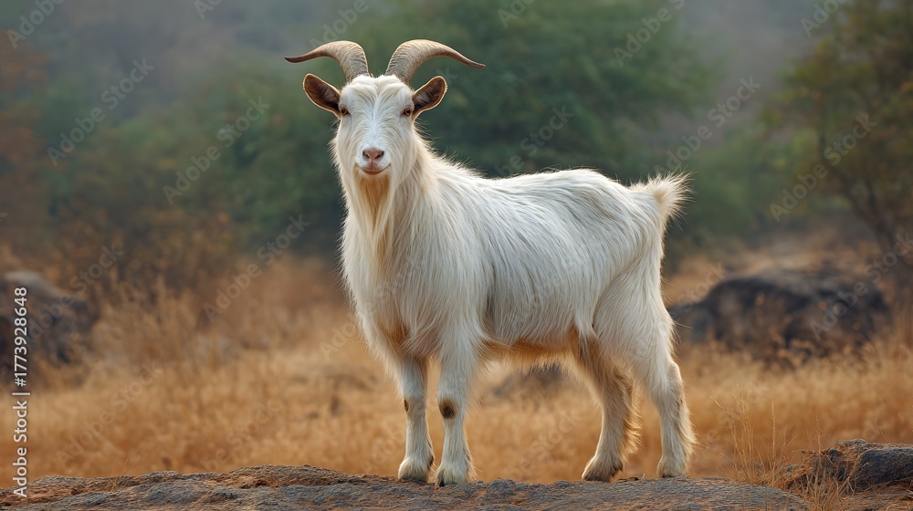 Obraz premium Majestic white horned mammal stands atop rock formation in sunlit natural habitat