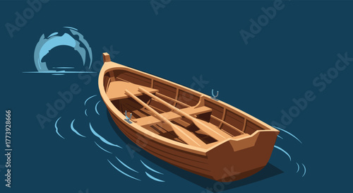 Wooden boat floats on the water with a dolphin in the background.