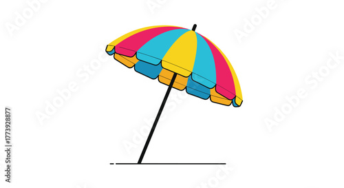 Colorful beach umbrella standing on the sand sunny day.