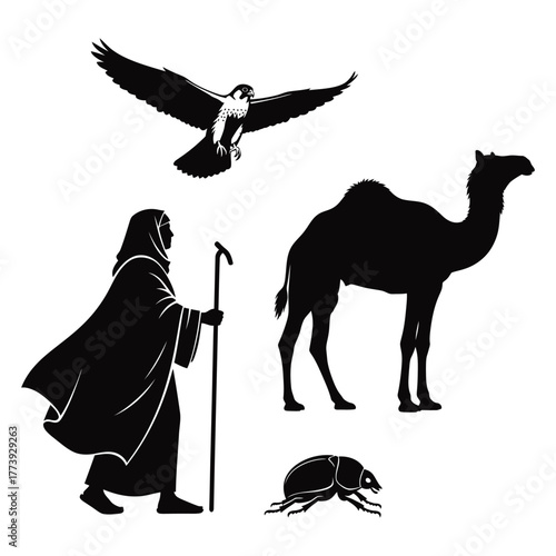 Black silhouette icons of a falcon, desert traveler, camel and beetle Keywords: falcon, hawk, bird of prey