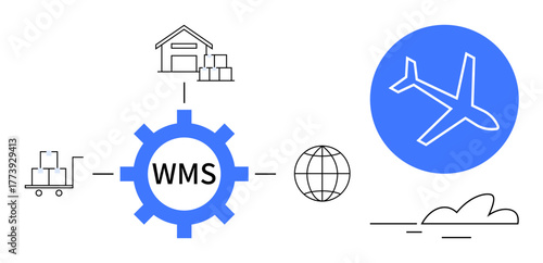 Gear labeled WMS links warehouse, cargo cart, globe, and airplane, illustrating logistics. Ideal for supply chain, inventory, transportation, e-commerce globalization optimization simple flat