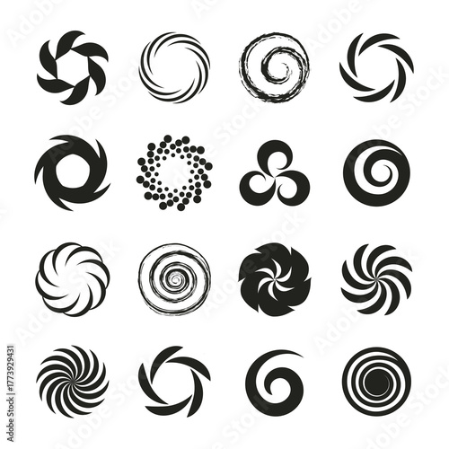 Set of spiral swirl icons, twirl spiral circle, swirling circles, twist curve spiral. Abstract spirals and liquid twirls. Vector design elements.