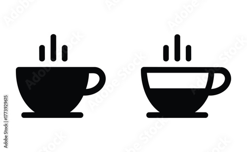 Black coffee cup icons with steam on white background