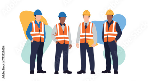 Construction workers in safety vests and hard hats standing together.