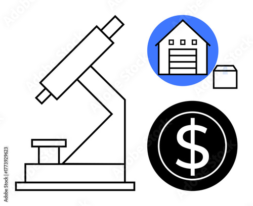 Microscope, warehouse, package, and dollar sign symbolizing innovation, storage management, profit, investment. Ideal for research, logistics finance inventory analysis business development