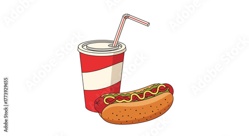 Hot dog and soda a classic fast food meal.