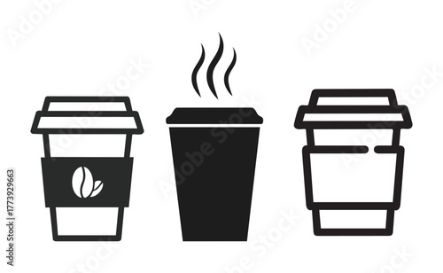 Three black coffee cups with steam on white background