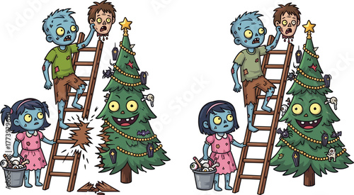 Zombie, Christmas, cartoon, tree, horror, funny, undead, illustration, creepy, comic, monster, holiday, decoration, spooky, character, festive, bones, ornaments, ladder, quirky