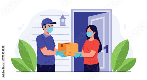 Delivery person giving package to customer during pandemic.