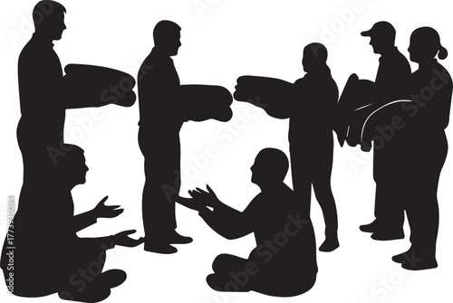 International volunteer day silhouette of people helping person in wheelchair