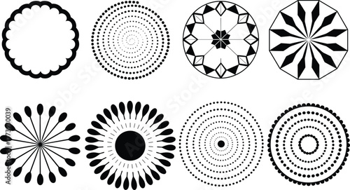 Geometric circular pattern vector, symmetrical abstract designs, black and white radial motifs, decorative icon set, editable ornamental illustration grid