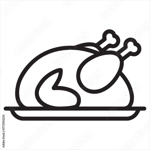 Simple line art illustration of a roasted whole chicken on a serving platter