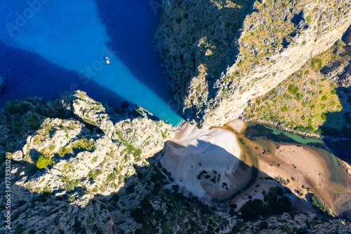 Aerial View of Torrent de Pareis Gorge and Sa Calobra Beach at the River Mouth, Mallorca