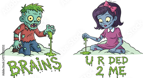 Zombie, slime, cartoon, brains, undead, funny, illustration, horror, creepy, comic, monster, Halloween, character, spooky, goo, phrase, quirky, sitting, green slime, zombie humor