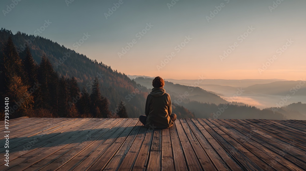 Obraz premium Person sits in meditation pose overlooking misty mountainous landscape during sunrise