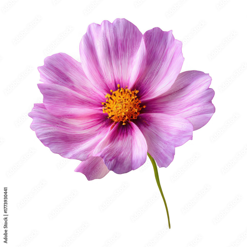 Fototapeta premium A single stunning pink cosmos flower with white streaks and a golden center stands out