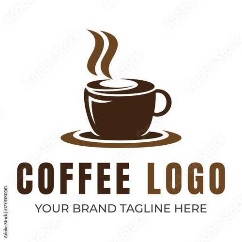 Brown coffee cup with steam and text logo beverage