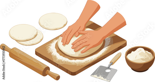Hands kneading bread dough on wooden board with flour bowl and rolling pin, bakery preparation process illustration, homemade cooking concept