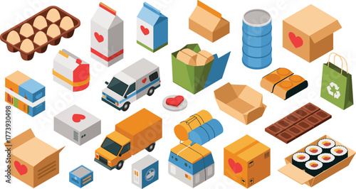 Isometric illustration of delivery packaging, recycling boxes, food containers and transport trucks representing eco friendly logistics and sustainable packaging industry