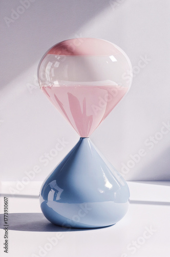 Stylish modern hourglass with pink liquid flowing into a light blue base