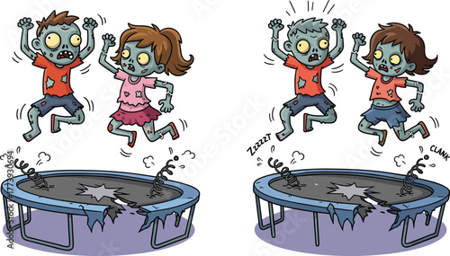 Zombie, trampoline, cartoon, jump, horror, funny, undead, illustration, creepy, comic, monster, Halloween, character, spooky, kids, broken, bounce, fall, dramatic, playful
