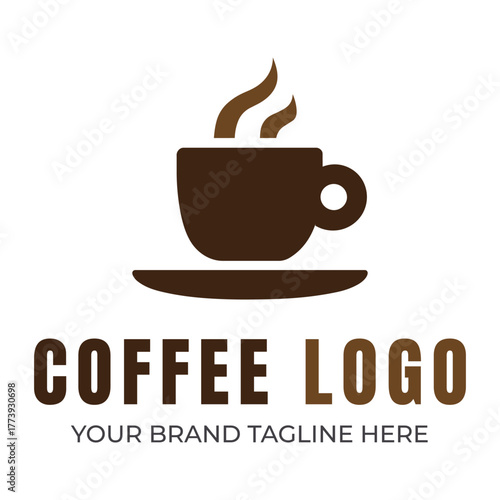 Brown coffee cup with steam and text logo saucer