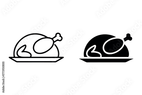 Simple outline and solid silhouette icons of a roasted whole chicken on a serving platter