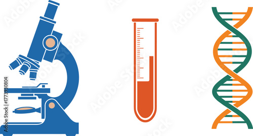 Science lab vector illustration, microscope, test tube, DNA helix icon, biology chemistry genetics concept, educational research tools, editable design