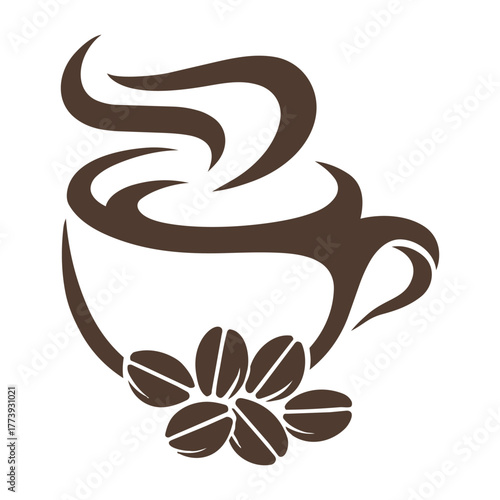 Brown coffee cup with steam and beans graphic coffee beans