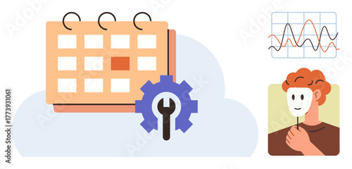 Calendar with settings gear, chart tracking analytics, person holding a mask. Ideal for productivity, planning, data analysis, identity, personalization goals workflow. Simple flat metaphor