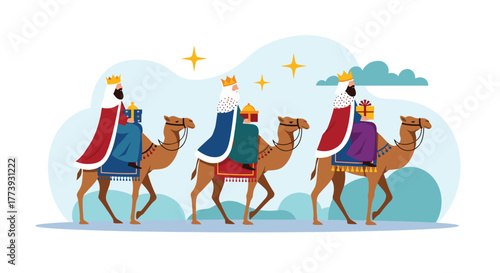 Three Wise Men on Camels Journeying Towards the Star.