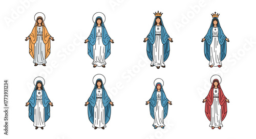 Illustrations of the Virgin Mary in various styles and colors.
