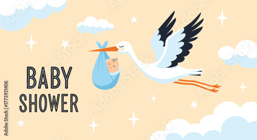 Baby shower announcement with stork carrying newborn baby.