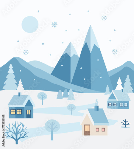 Winter village mountain landscape vector, snowy houses and trees, moonlit sky scene, peaceful seasonal illustration, editable holiday design