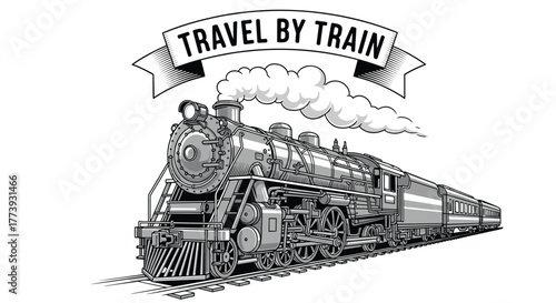Vintage Steam Train Illustration: Travel by Rail Transportation.