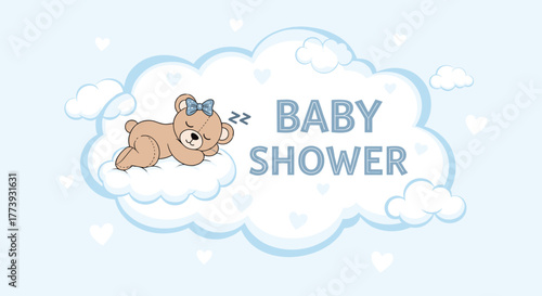 Cute baby shower invitation with sleeping teddy bear on cloud.