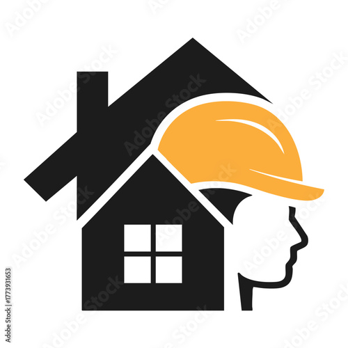Black house silhouette with orange hard hat and profile head