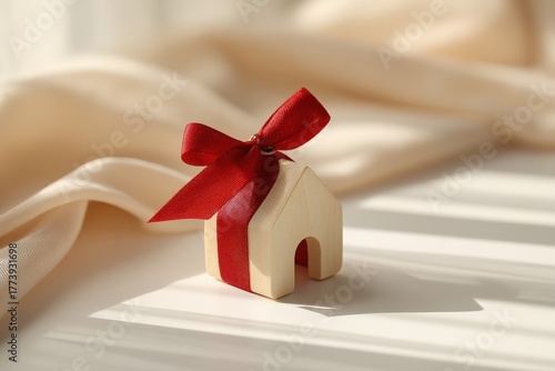 Charming Wooden House Ornament Decorated with Red Ribbon for Christmas and New Year Celebrations